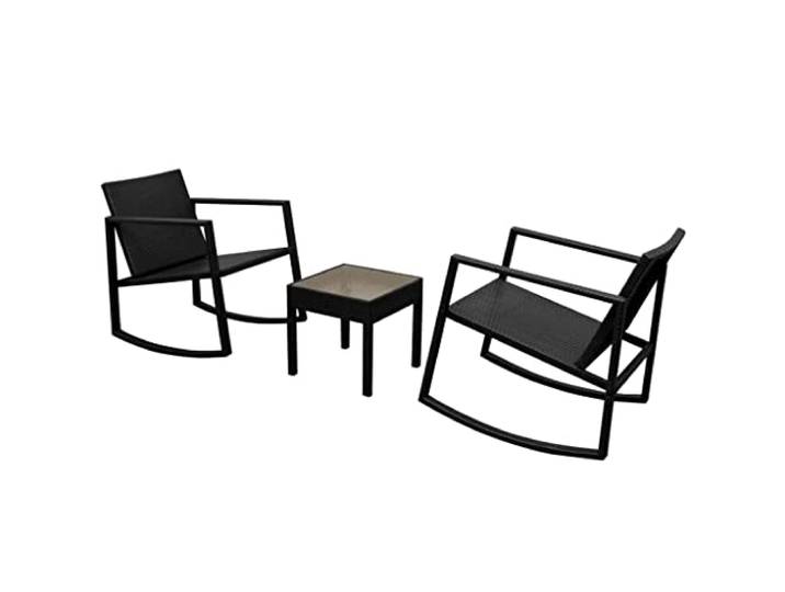 PUGYNBK Schaukelstuhl-Set für den Garten, 3-teilig, Schwarz Wasserdichtes PE-Rattan, Stahlgestell, Tisch im Lieferumfang enthalten, Verwendung im Außenbereich