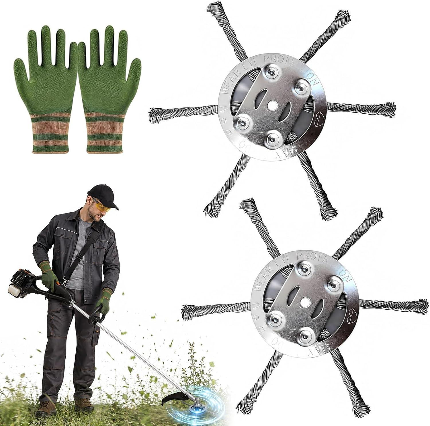 oCreon Grastrimmer Accessoires Set met 2 Stalen Draad Grastrimmers, Onkruidborstel en Handschoenen