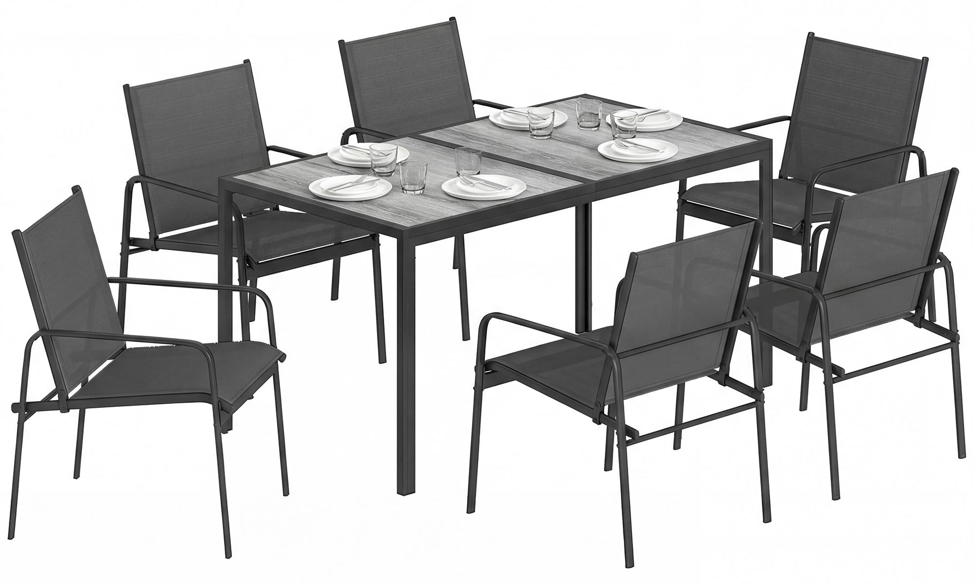 Gartenmöbel Set Sitzgruppe 150 x 80cm Tisch mit 6 Atmungsaktiven Stühlen Holzoptik Stahlrahmen Schwarz