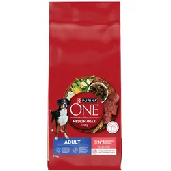 PURINA ONE Adult Medium/Maxi Trockenfutter für ausgewachsene Hunde, reich an Rindfleisch und Reis, 12kg