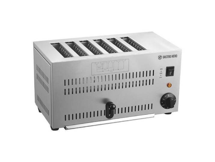 GastroHero Tunnel-Toaster Toaster 6 Schlitze Edelstahl Profi 2,57 kW, 2570 W, AISI 430 Edelstahl, ein zentraler Bedienhebel