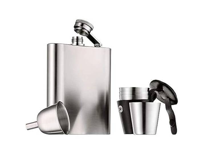 WMF Manhattan Flachmann Edelstahl 6-teilig, Flachmann 200ml, Flask 20cl, Trichter, Stamper im Lederetui, Cromargan Edelstahl mattiert, Geschenkidee