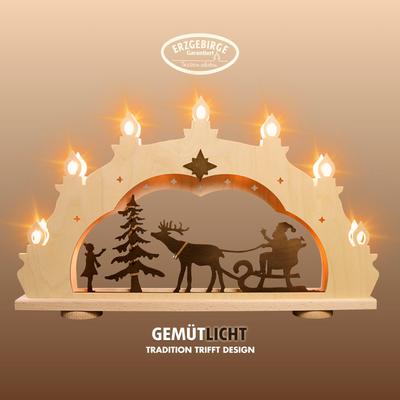 LED Schwibbogen WEIGLA "Weihnachtsmann auf Schlitten, Lichterbogen, Holz, Made in Germany", beige (natur, braun), B:52cm H:33cm T:6cm, Holzwerkstoff, Schwibbögen, Erzgebirge garantiert, Weihnachtsdeko Innen, Weihnachtsbeleuchtung