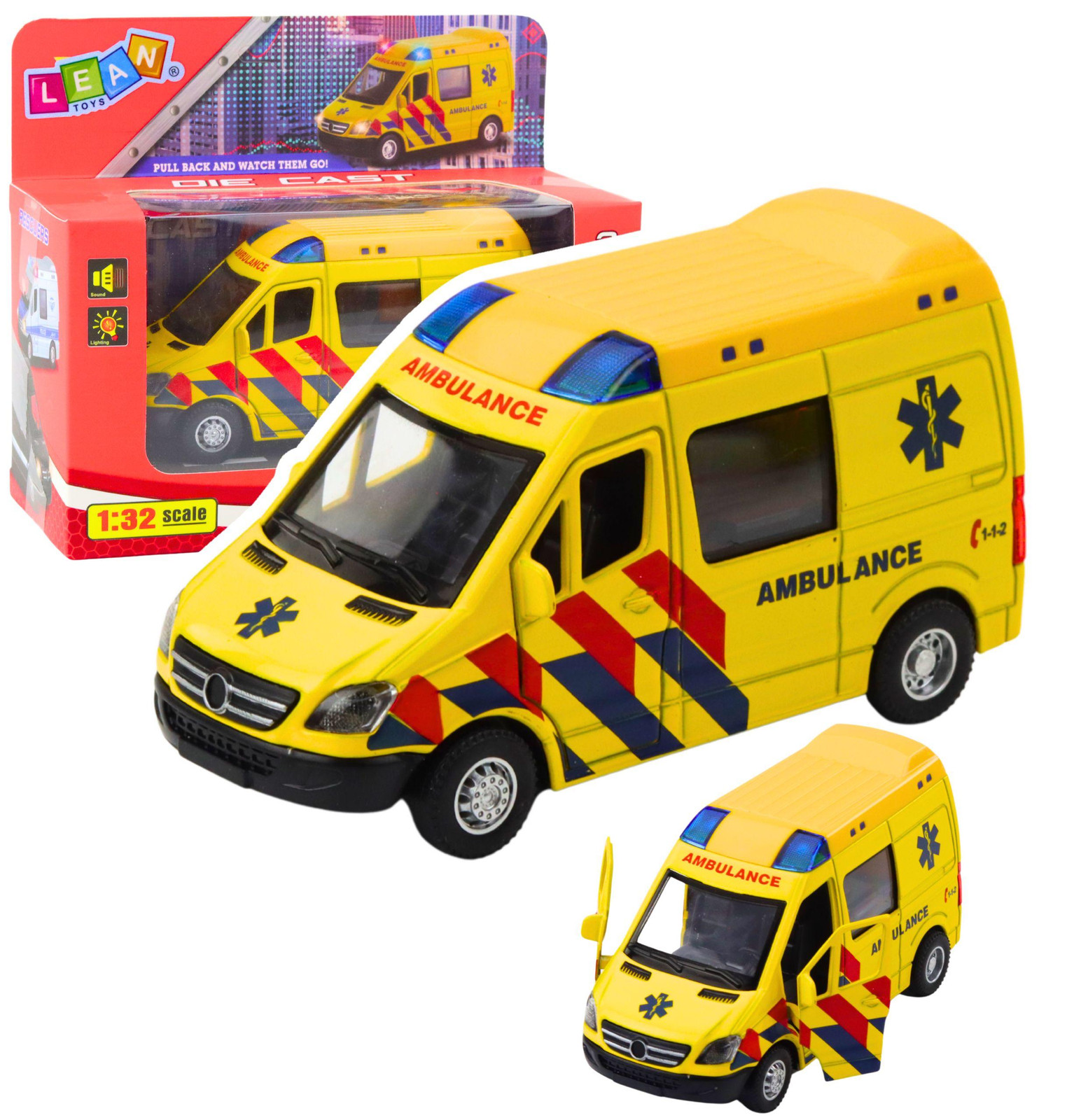 Lean Toys Ambulance Metal Pull Back met lichten en geluid geel 1:32