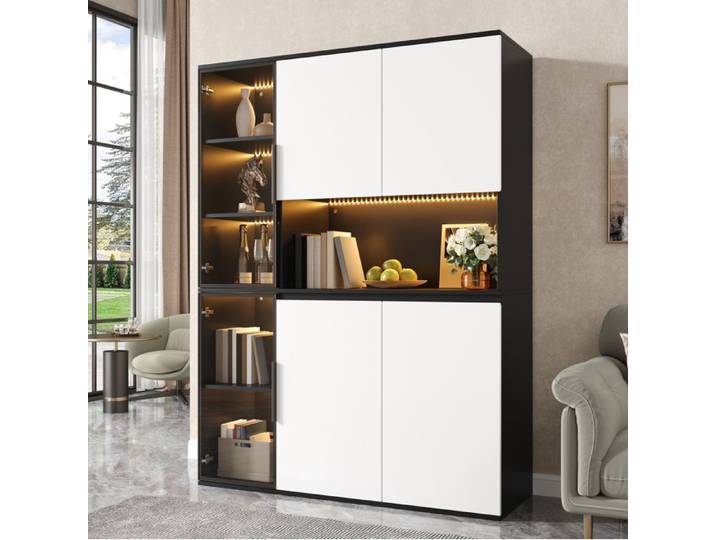 MEULVA Vitrine haute noire et blanche avec LED éléments en verre MDF 120 x 40 x 160 cm