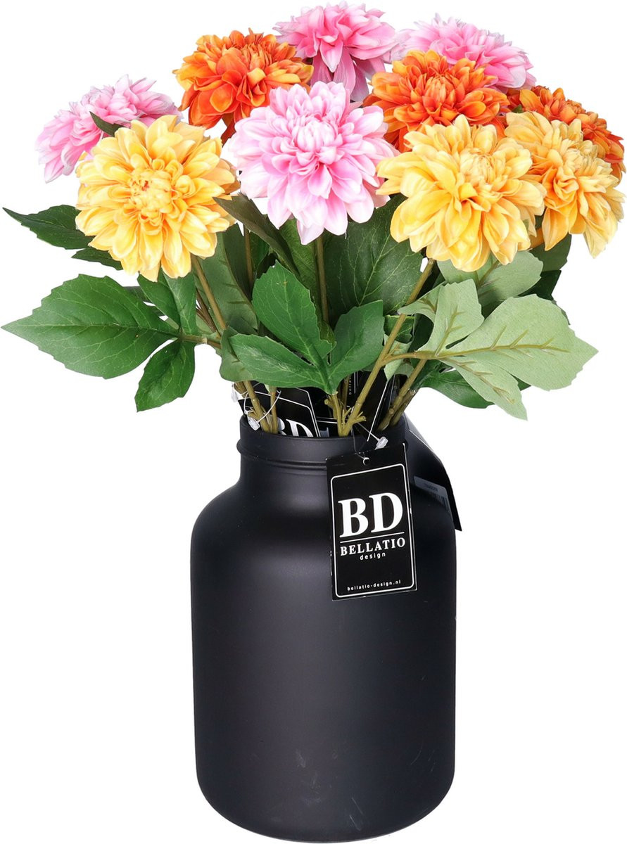 Bellatio Design Kunstbloemen boeket Dahlia's - 12 stelen - 50 cm - kleurenmix - zijdebloemen