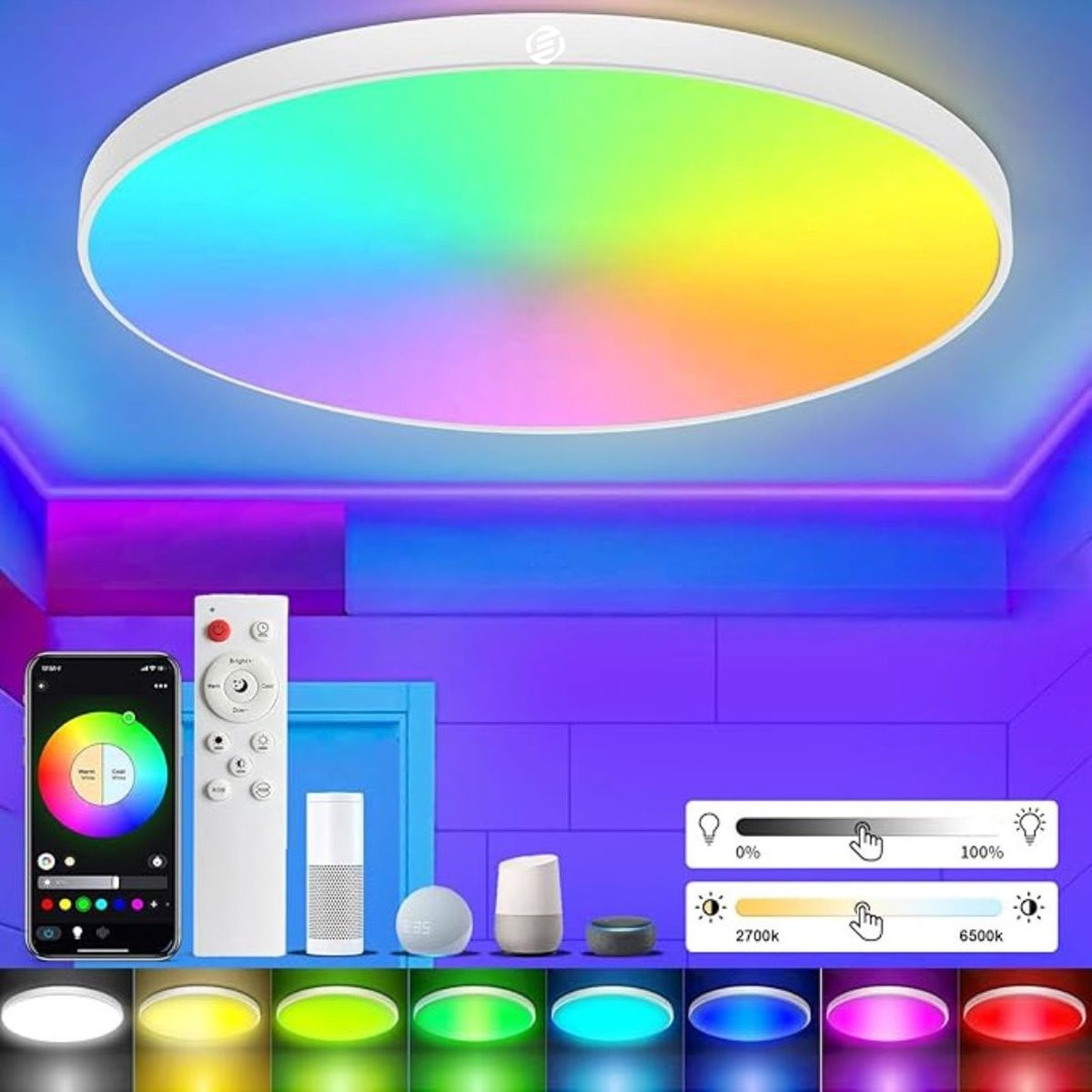 Equivera Badkamerlamp Plafond - Moderne LED Plafoniere met Afstandsbediening en Timer - Wit