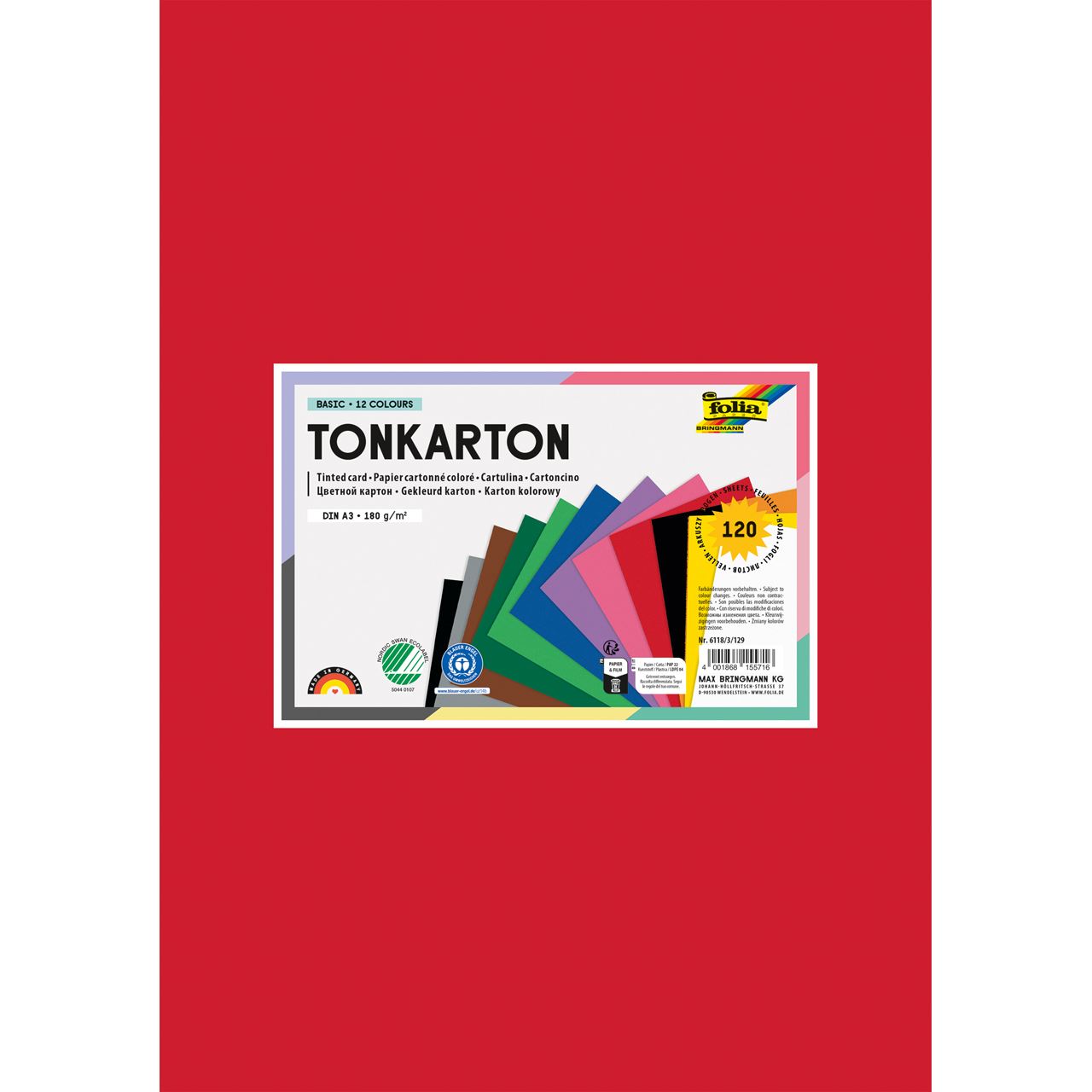 folia Tonpapier farbsortiert 180 g/qm 120 Blatt DIN A3