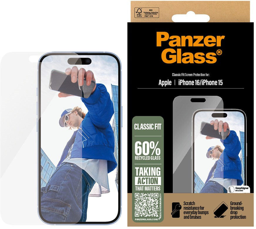 iPhone 15 / 16 PanzerGlass Classic Fit Beskyttelsesglas m. EasyAligner - Platinum Strength - Gennemsigtig