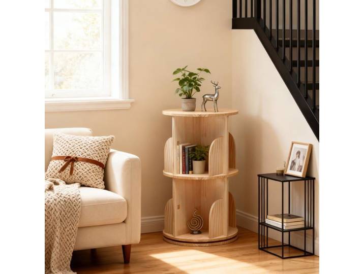 Bibliothèque pivotante en bois massif - LUNSY - 2 étages - Pivotante à 360° - 39x39x67 cm - Beige - Grande capacité