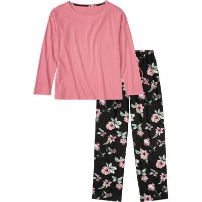 Pyjama BONPRIX, Damen, Gr. 36/38 (S), lila (beerensorbet, schwarz geblümt), Obermaterial: 100% Baumwolle, bedruckt, Basic lang, Rundhals, Homewear-Sets Pyjama, bequeme Passform, aus Baumwolle