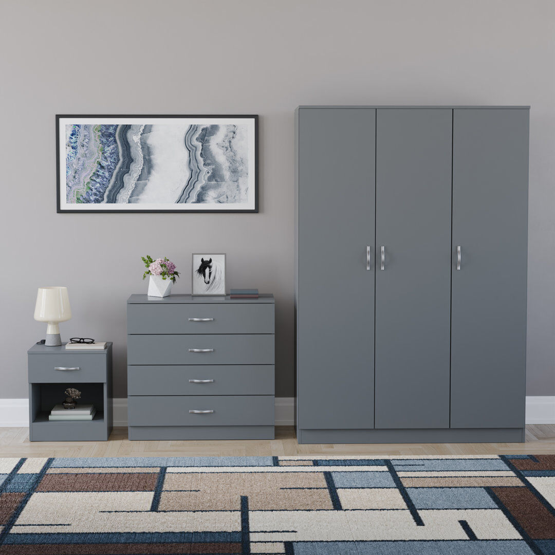 17 Stories Maybery 3 Piece Bedroom Set (1 Drawer Bedside Chest, 4 Drawer Chest, 3 Door Wardrobe), (5) Grey