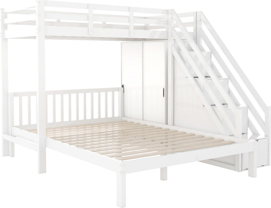 Etagenbett mit Garderobe,90*200cm+140*200cm,Multifunktionales Kinderbett,Kinderetagenbett,Mit Aufbewahrungstreppe,Großer Stauraum,Massivholz+MDF