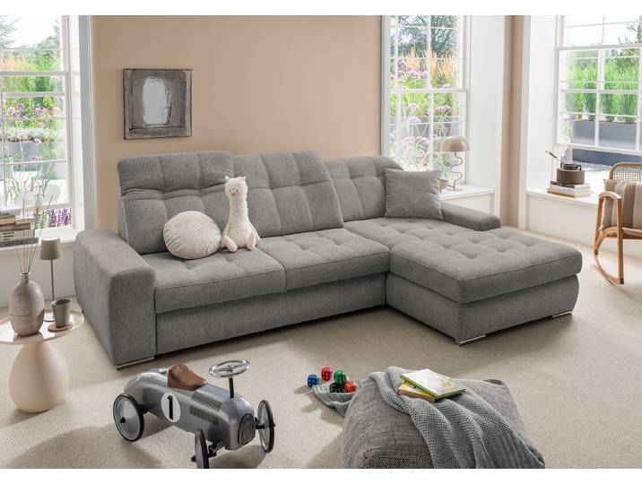 Ecksofa mit Schlaffunktion Grau Webstoff Jimin 186 x 101 x 283cm Longchair davorstehend rechts mit Schlaffunktion Basic