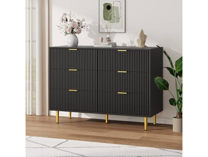 Kommode mit 6 Schubladen 100 x 40 x 75 cm, Kommodenschrank Sideboard, MDF Wellenfront, Gold Griffe& Beine, Rollschienen, Kippschutz, Modern Schubladenschrank für Wohnzimmer Schlafzimmer, Schwarz
