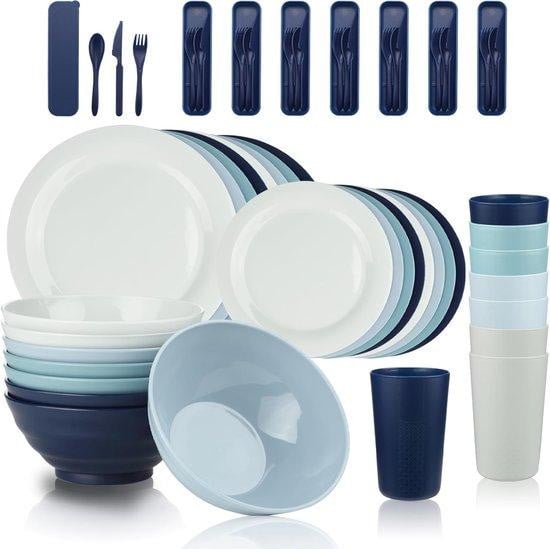Elegant porseleinen diner servies voor 8 personen in blauw en wit