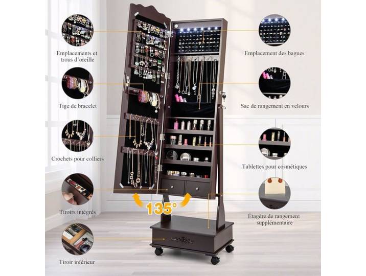 GIANTEX Armoire à Bijoux sur Pied à Roulettes Verrouillables avec Miroir Pleine Longueur Lumières LED Serrure à Clé Marron