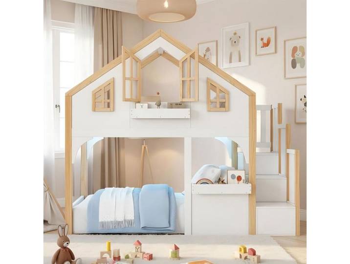 ULEVR Lit mezzanine enfant en forme de maison 90x200 cm blanc et naturel LED escalier de rangement