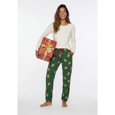 Pyjama LASCANA, Damen, Gr. 44/46, grün (weiß, dunkelgrün), Single Jersey, Obermaterial: 100% Baumwolle, bedruckt, schmal lang, Rundhals, eingesetzt abgesteppt, Homewear-Sets Pyjama, mit süßem Weihnachts-Hunde-Print