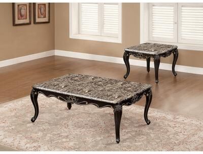 Esofastore Classic Solid Wood Living Room Table Set Walnut Finish Carved Details