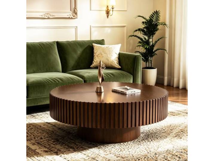 LOVEHOUGES Runder, moderner Couchtisch mit geriffelter Oberfläche Massives Holzfurnier, stabiler Sockel, einzigartiger, handgefertigter Teetisch aus Holz, einfache Montage