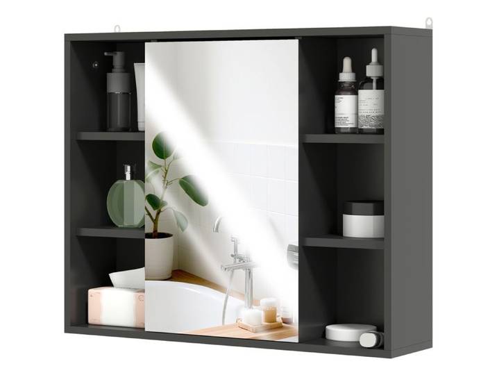 LIA Meuble salle bain noir miroir 60x14 5x49 4cm placard + 6 compartiments