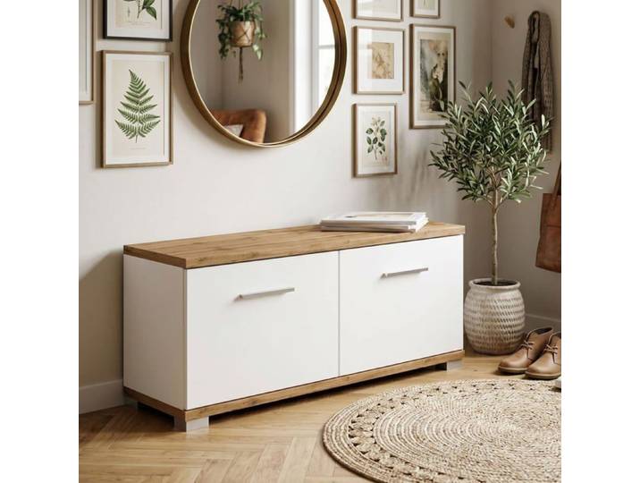 Banc Rangement à Chaussures VIELLA Banc d'entrée 2 Ptes en mélaminé Couleur chêne wotan et Blanc MEUBLE A CHAUSSURES