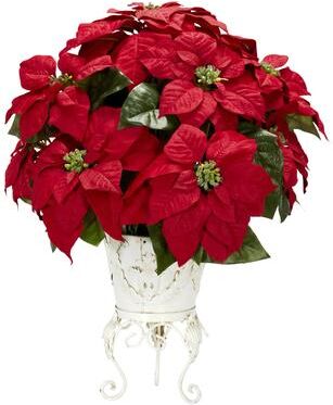 Nearly Natural Poinsettia w/Metal Planter Silk Flower Arrangement