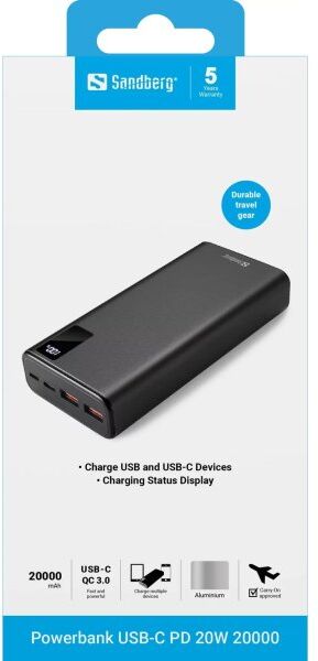 Sandberg Powerbank Usb-C Pd 20w 20000, Sort