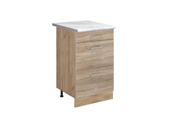 Vicco Küchenunterschrank R-Line, Sonoma/Goldkraft Eiche 50 cm 3 Schubladen · Arbeitsplatte Marmor · Höhenverst. Füße · Leichter Zugriff · Frei kombinierbar
