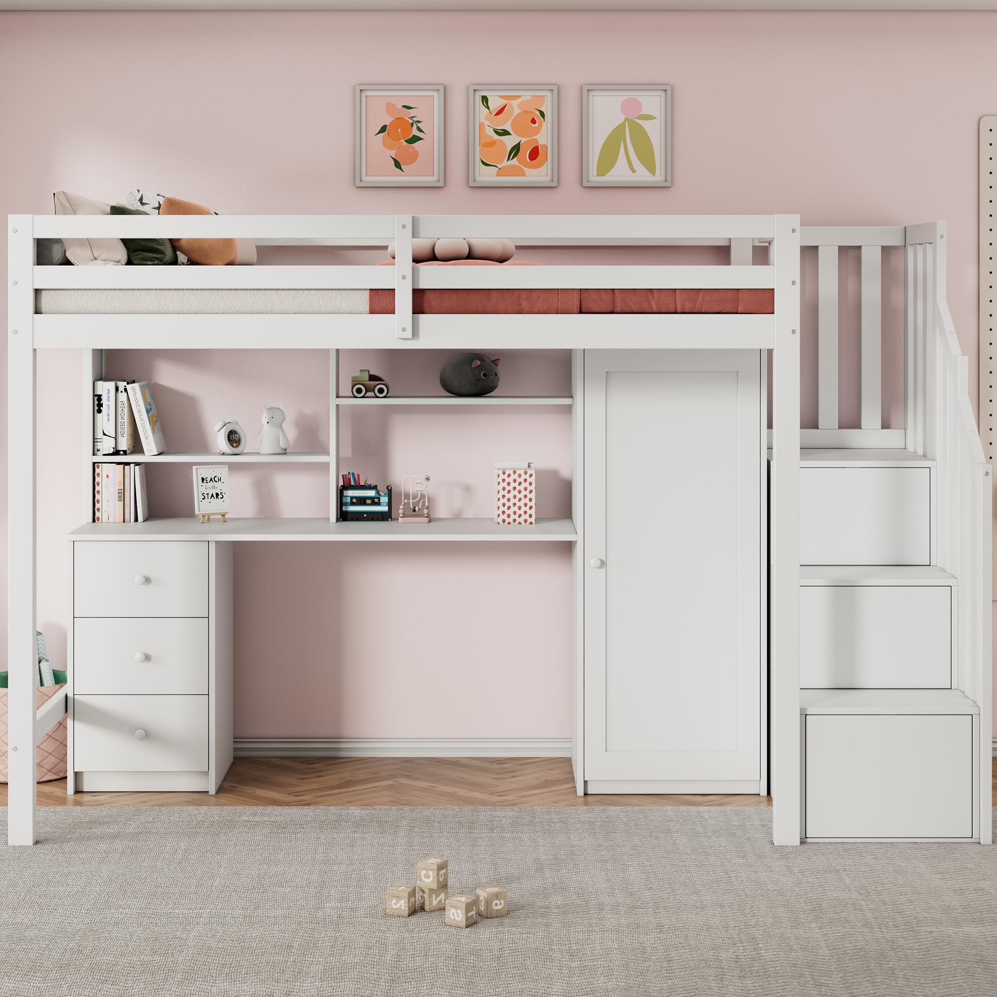 Flieks Etagenbett 90x200cm mit Schreibtisch und Schrank, Hochbett mit Kleiderschrank, Kinderbett mit Treppe und Rausfallschutz, Stockbett Weiß