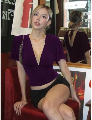 Daily Deals Depot Summer Backless Lace Up V Neck Sexy T Shirt For Women Casual Party Streetwear Top purple s