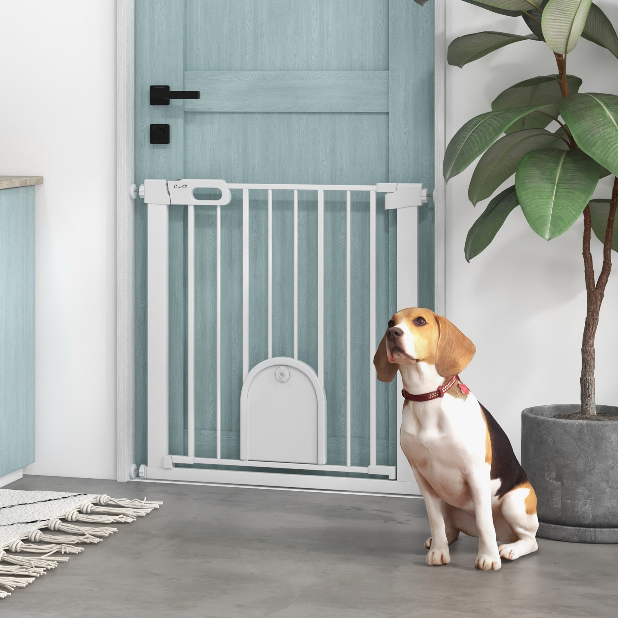 Pawhut Cancello divisorio per animali domestici, regolabile, con piccola porticina, metallo, plastica, bianco   Aosom Italy