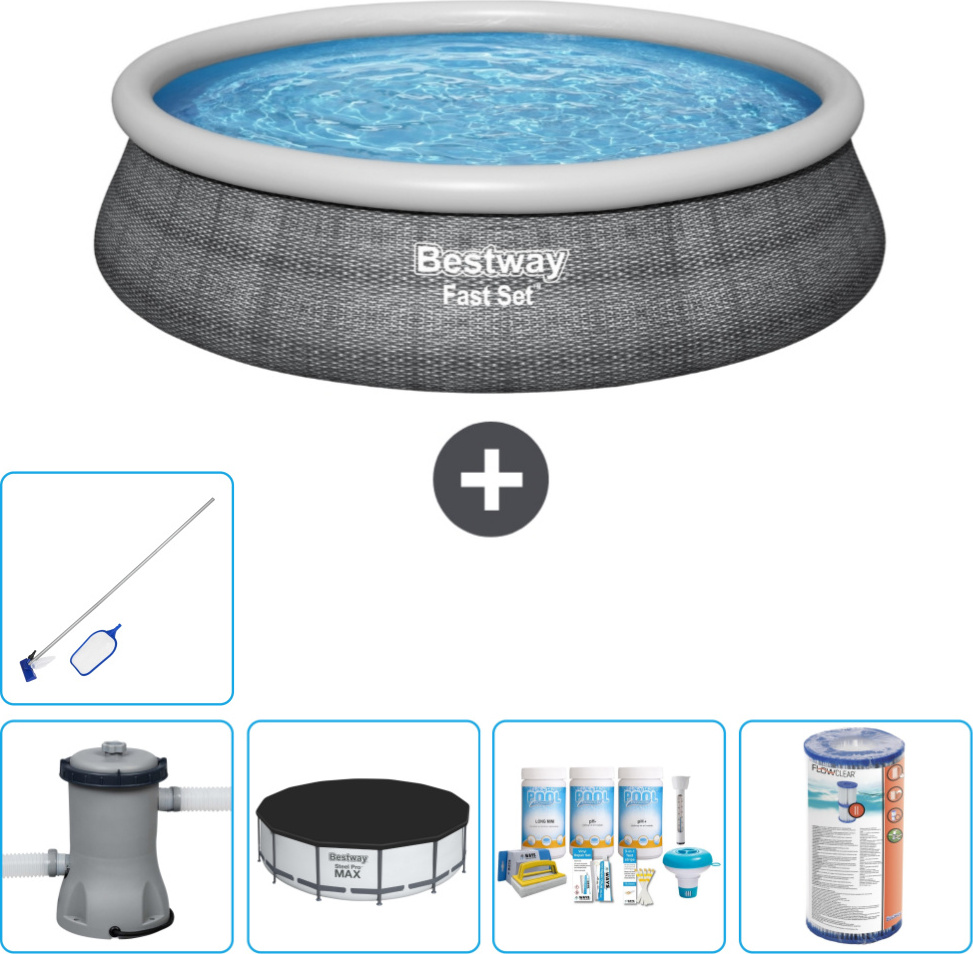 Bestway runder aufblasbarer Fast-Set-Pool - Rattan-Druck - 457 x 84 cm - inklusive Pumpe Abdeckung - Wartungspaket - Filter - Reinigungskit