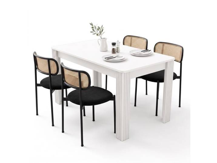 Ensemble repas 5 pièces - FURNITURER - Table 116 cm - 4 chaises velours & rotin - Blanc
