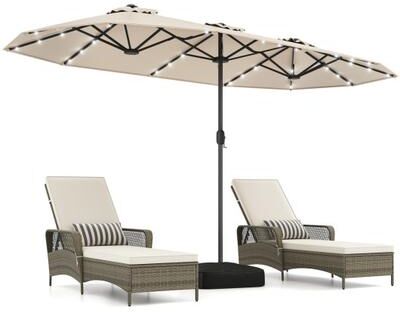 Costway 13FT Double-sided Patio Umbrella with Solar Lights for Garden Pool Backyard-Beige