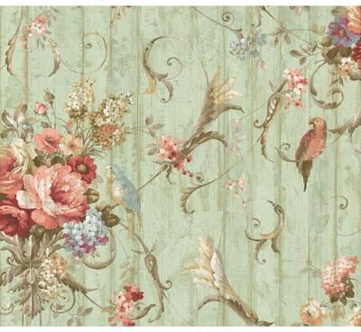 York Wallcoverings Parrots with Floral Bouquets Blue Wallpaper
