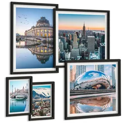 BILDER SET 5er Set - 50x50 cm & 20x30 cm & 40x60 cm Schwarzer Rahmen - Architektur von Städten am Wasser