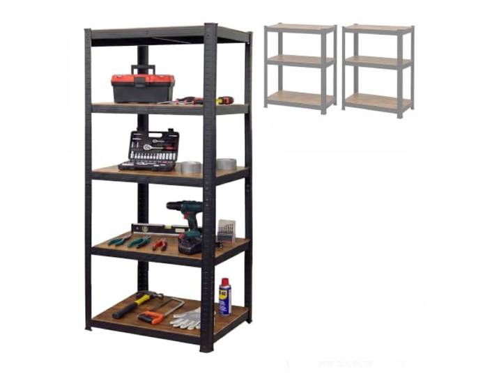 Relaxdays Rayonnage lourd\, 500 kg\, 200 x 90 x 60 cm\, noir/marron 5 niveaux\, aspect bois\, rayonnage de rangement\, acier et MDF