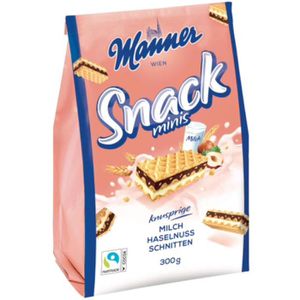 Manner Waffeln Snack Minis Milch-Haselnuss, Waffelschnitte, mit Milch- & Haselnusscreme & Schokolade, 300 g