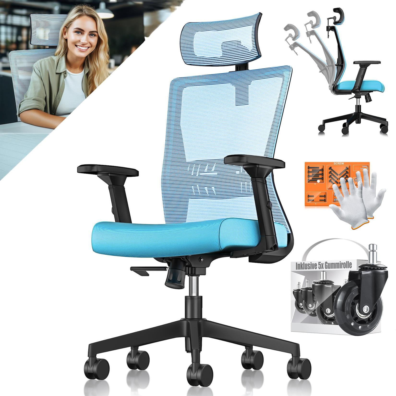 KESSER® Bürostuhl mit verstellbaren Armlehnen Drehstuhl mit Lendenwirbelstütze Rückenschonend Schreibtischstuhl ergonomisch mit Kopfstütze Office Chair Wippfunktion bis 125° mit 5x Gummirollen