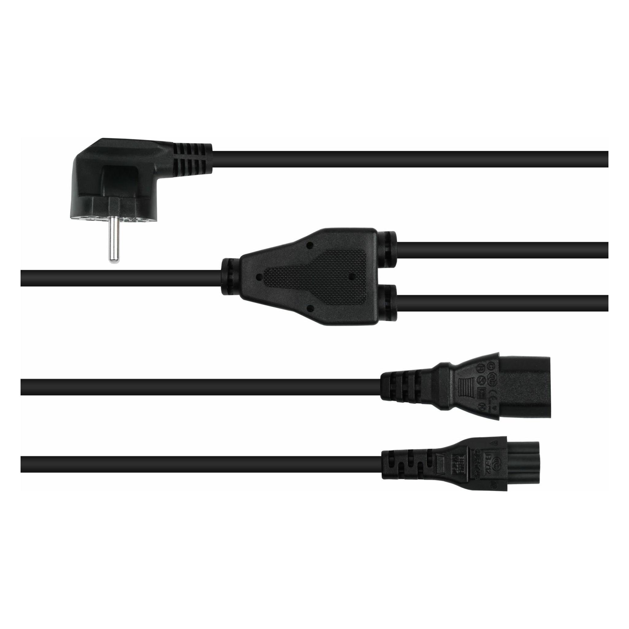 Kabelmeister Y-Netzkabel Schutzkontakt-Stecker Typ E+F (90° gew.) an Buchse C13 und Buchse C5, schw (2 m) (SK0135-S020)