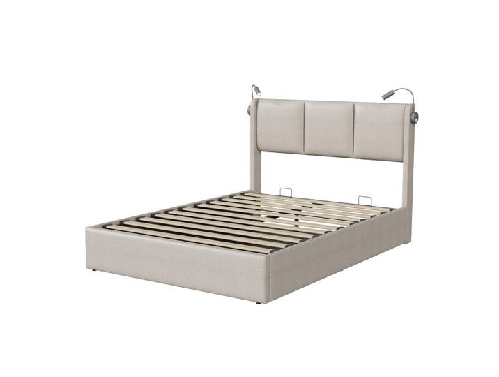 EuroLiving Polsterbett 160x200 cm, modern, Stauraum, Leselicht, USB-Ladefunktion, Leinen grau, Beige, Metall, 160x200 cm, Schlafzimmer, Betten, Polsterbetten