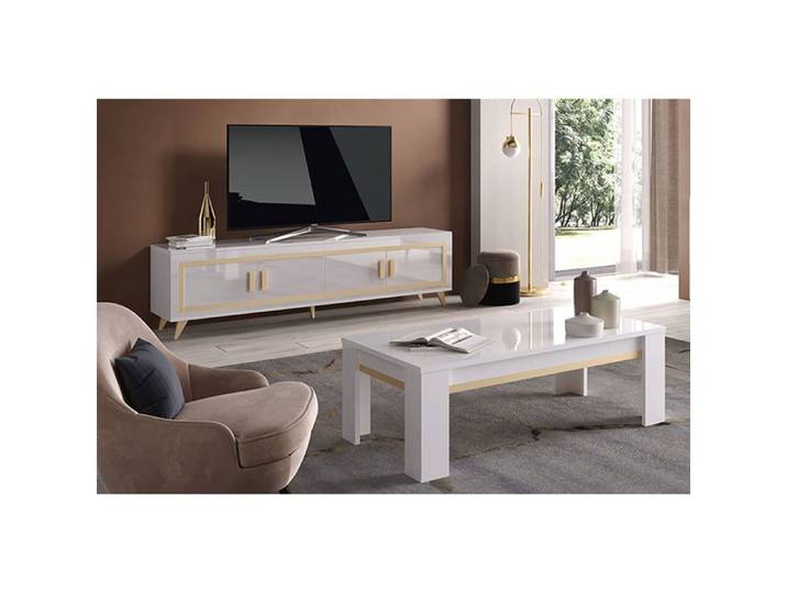 JEMMA - Ensemble Salon Blanc Décor Doré Meuble TV + Table Basse