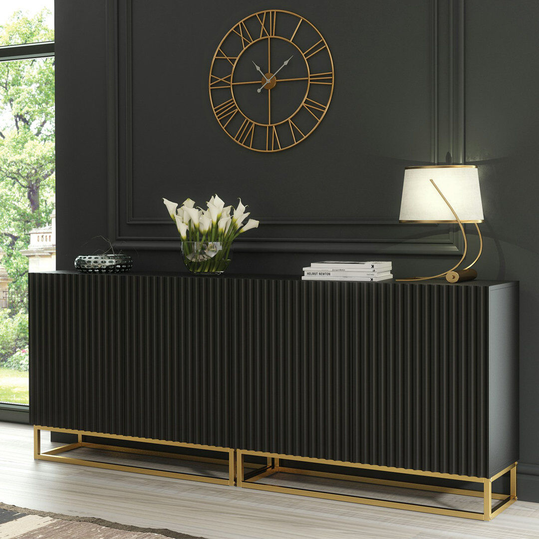 Fairmont Park Modern Sideboard with Fluted Fronts & Gold Legs – 200cm Storage Cabinet Black 80cm H X 200cm W X 35cm D