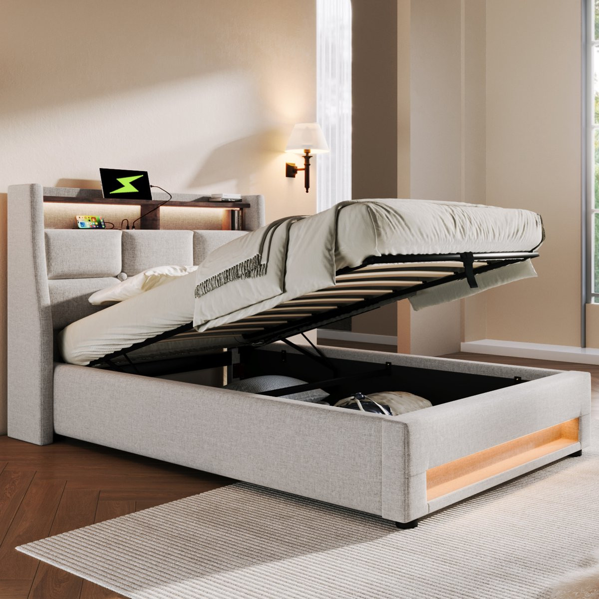 STILVORA Eenpersoonsbed met USB en LED verlichting, Gestoffeerd Linnen, Beige, 90 x 200 cm