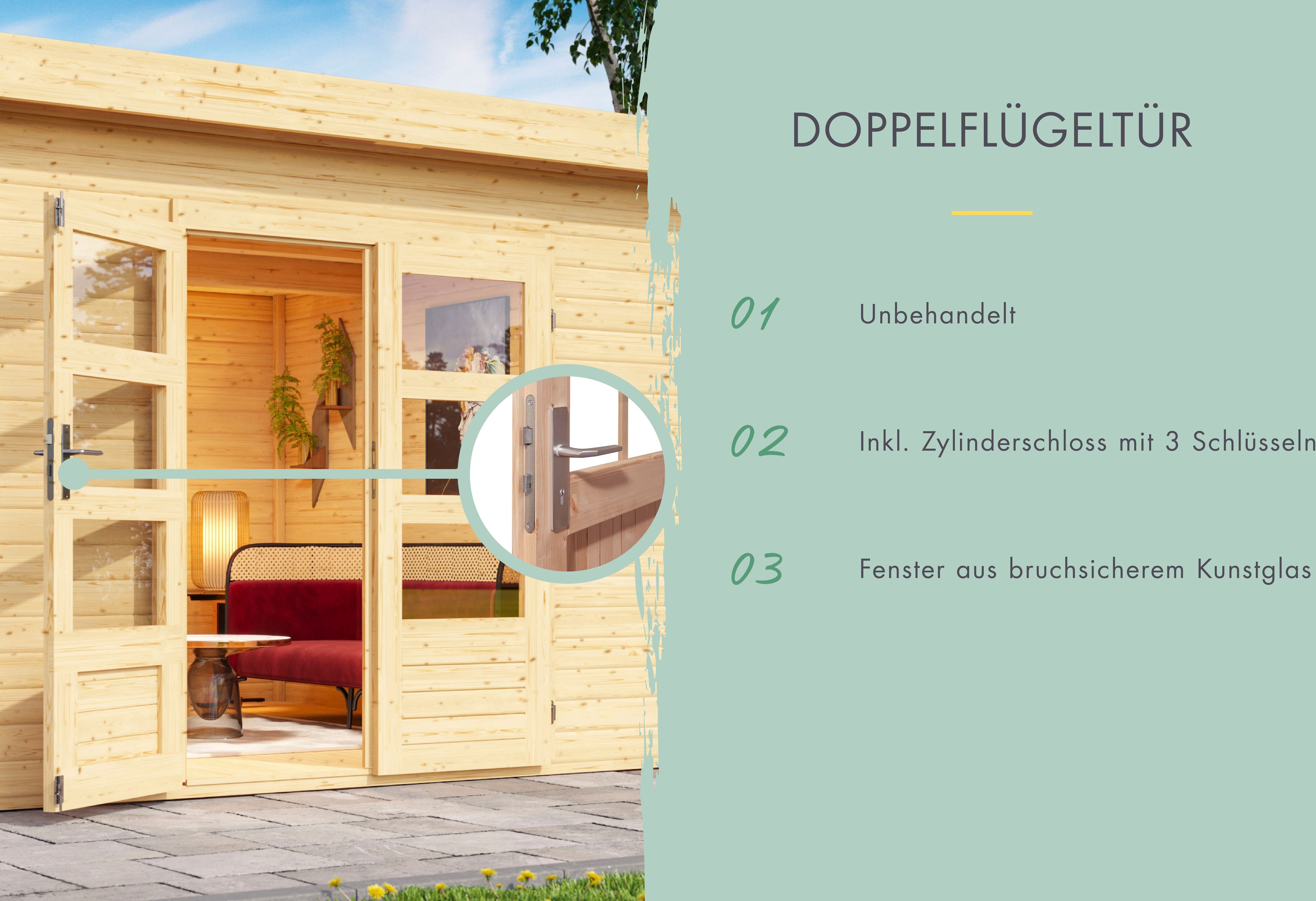 Gartenhaus KARIBU "Schloßsee 5", beige (naturbelassen), ohne Fußboden, Rückwand, ohne Dacheindeckung, Holzwerkstoff, Gartenhäuser, Gartenhaus, mit Anbaudach und Rückwand