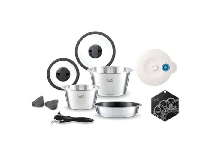cookvision nesto stapelbares Topf- und Pfannenset 10-tlg. Schwarz, 2 Edelstahltöpfe, Spülmaschine, Induktion, Backofen, Antihaftpfanne, abnehmbarer Griff, 2 Glasdeckel, für Paare, Camping, Reisen