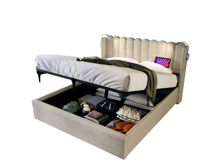 Lit double 140x200 cm en tissu lin naturel avec rangement lampe de lecture intégrée et sommier matelas exclu