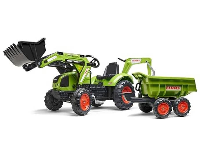 FALK - Bagger mit Pedalen Claas mit Bagger und Maxi-Kippanhänger – ab 3 Jahren Schaufel vorne und Bagger mit Gelenken – Drehbarer Sitz – 2070 W